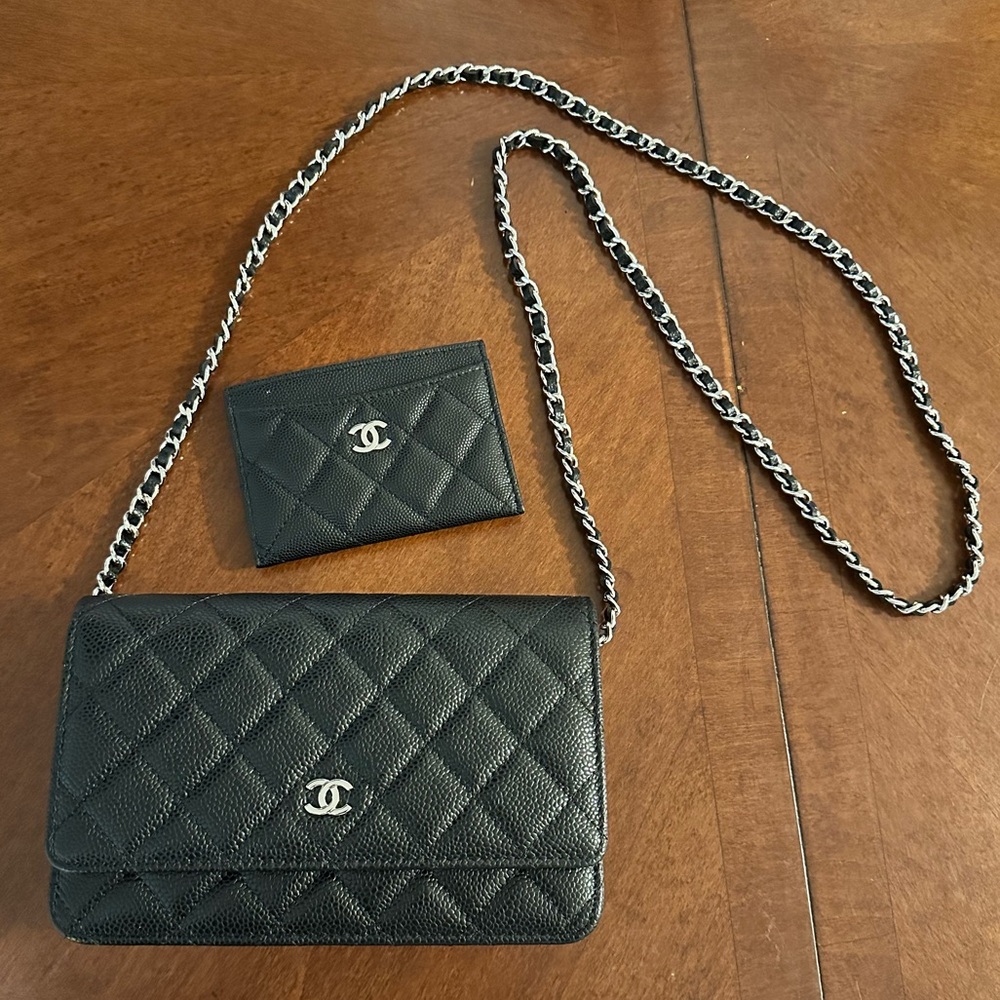 Black Quilted Leather Crossbody Bag and Card Holder